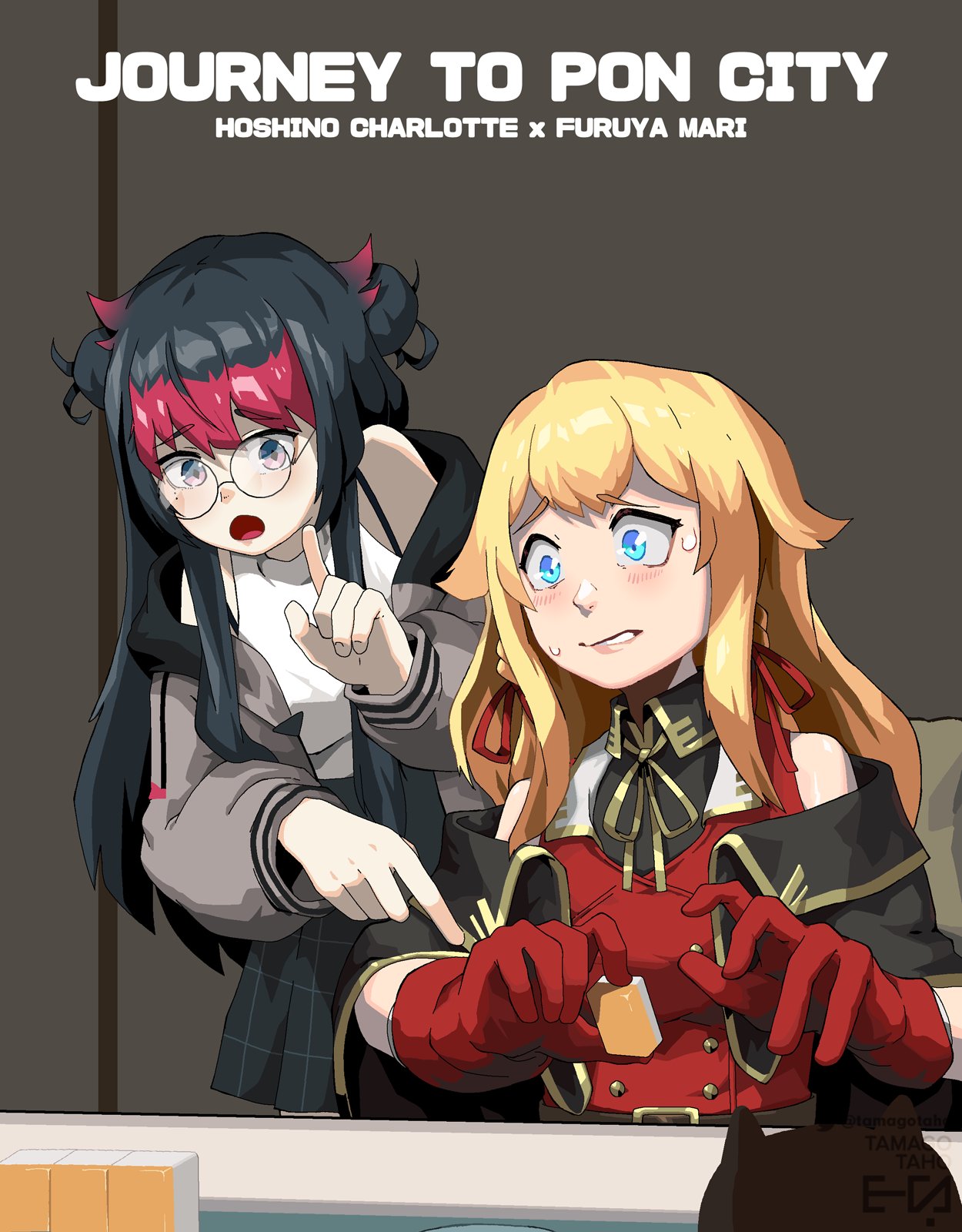 2girls, bangs, black_coat, black_hair, blonde_hair, blue_eyes, breasts, character_name