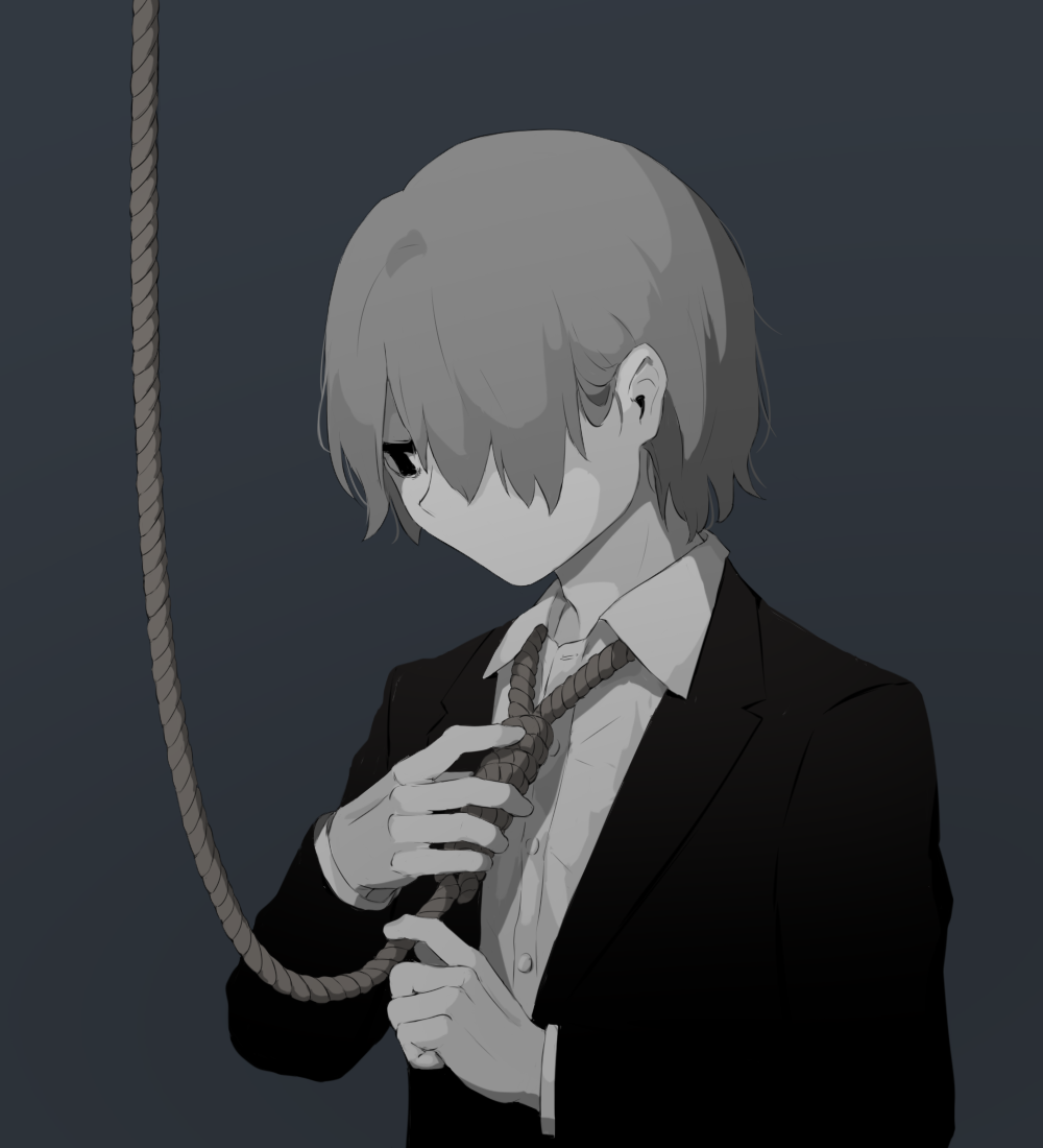 1boy, adjusting_neckwear, avogado6, black_eyes, black_jacket, collared_shirt, commentary_request, depressed