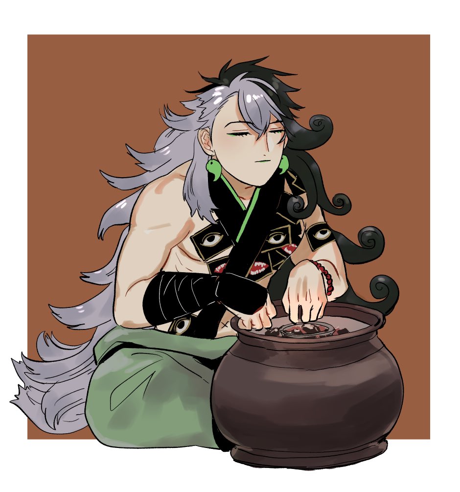 1boy, alternate_hairstyle, ashiya_douman_(fate), asymmetrical_hair, bell, black_eyes, black_hair, black_nails