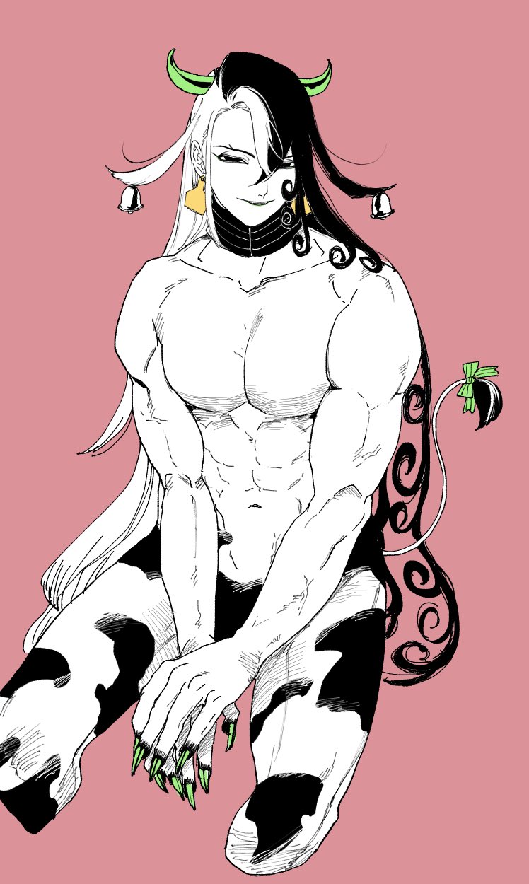 1boy, abs, alternate_costume, animal_print, ashiya_douman_(fate), asymmetrical_hair, bell, black_eyes