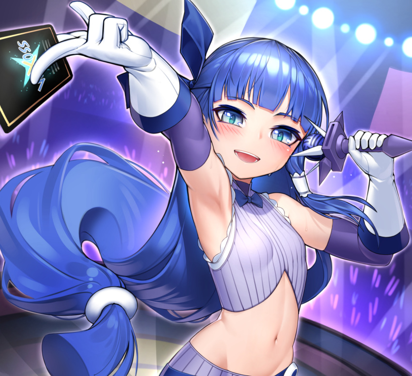 armpits, blue_eyes, blue_hair, blush, card, highres, long_hair, microphone