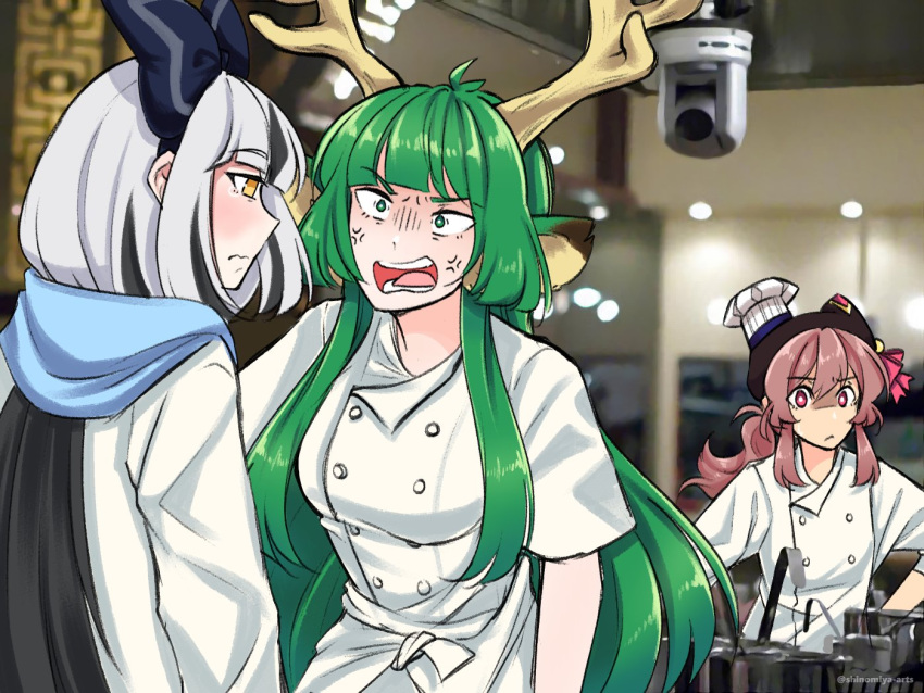 3girls, anger_vein, angry, animal_ears, antlers, bangs, black_bow, black_hair