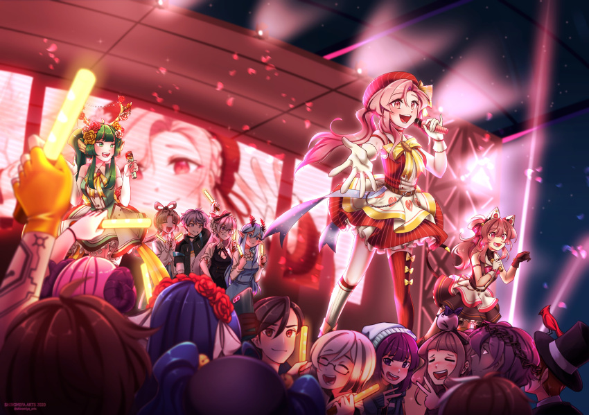 3boys, 6+girls, absurdres, alternate_costume, animal_ear_headphones, animal_ears, antlers, blue_eyes