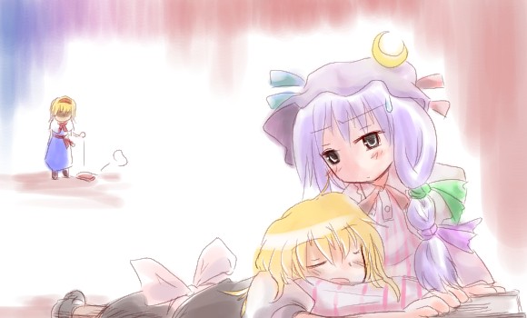 kirisame_marisa, lap_pillow, myau, patchouli_knowledge, sweatdrop, touhou