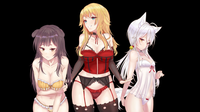 3girls, animal_ears, bangs, black_background, blonde_hair, blue_eyes, bra, braid