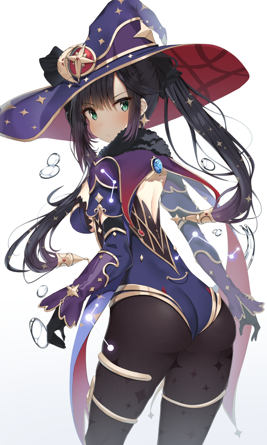 1girl, ass, bangs, black_gloves, black_hair, black_legwear, blush, breasts