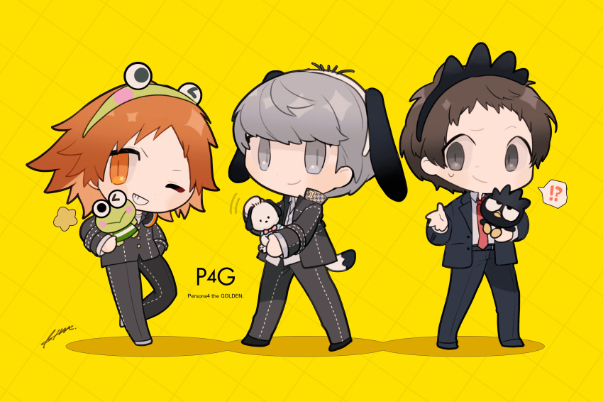 !?, 3boys, absurdres, adachi_tooru, animal_ears, badtz-maru, bangs, brown_hair