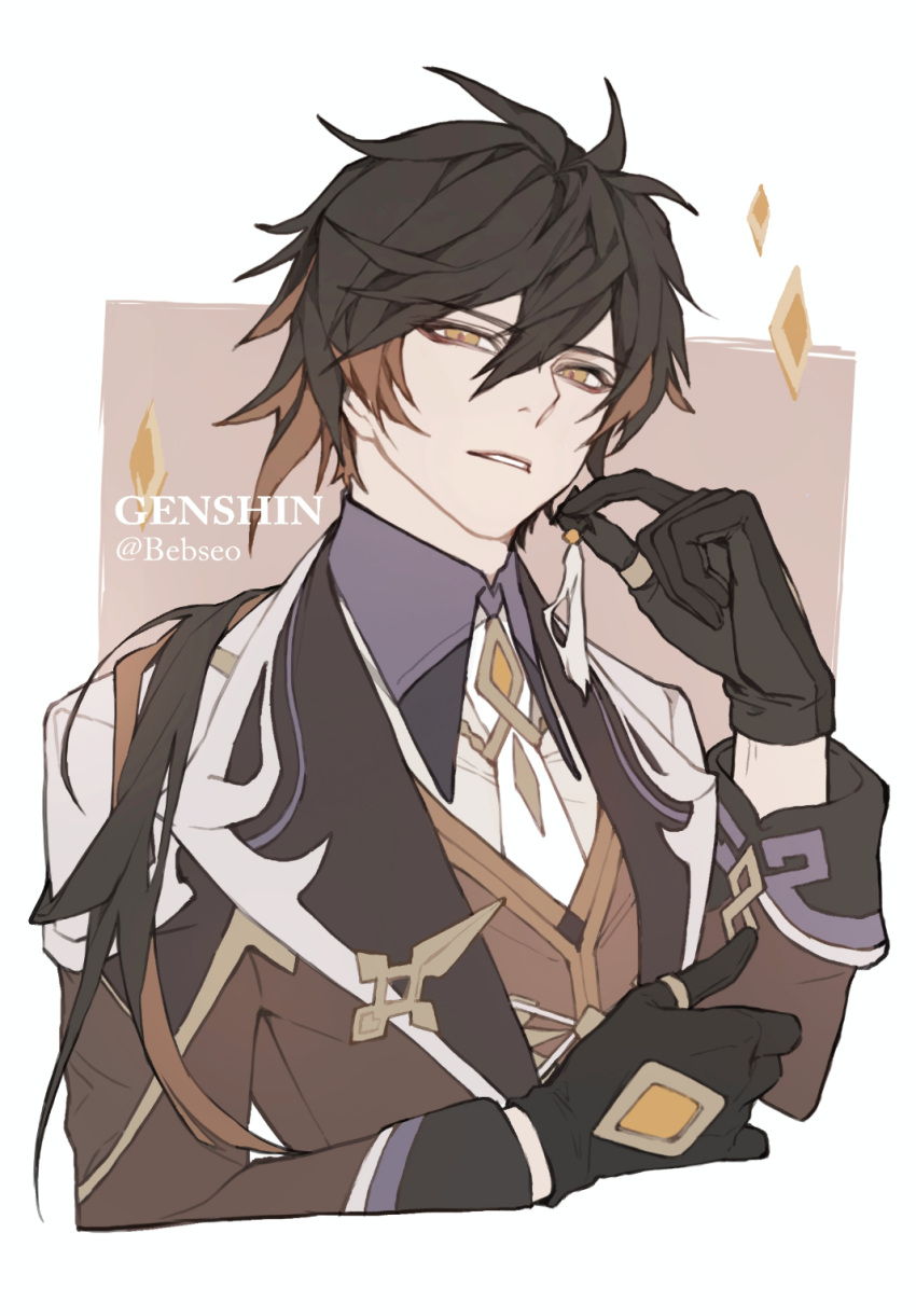 1boy, bangs, bebseo, black_gloves, black_hair, brown_hair, collar, earring_removed, earrings, eyebrows_visible_through_hair, formal, genshin_impact, gloves, hair_between_eyes, highres, jacket, jewelry, long_hair, long_sleeves, looking_at_viewer, male_focus, multicolored_hair, necktie, open_mouth, ponytail, ring, simple_background, single_earring, solo, suit, tassel, tassel_earrings, yellow_eyes, zhongli_(genshin_impact)