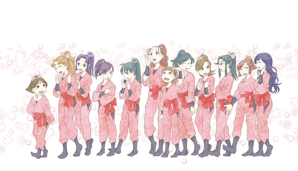 6+girls, alternate_artstyle, black_legwear, closed_eyes, female_only, forehead, green_hair, hairband, mikana_(nintama), multiple_girls, ninja, obi, purple_hair, rakudai_ninja_rantarou, sash, smile