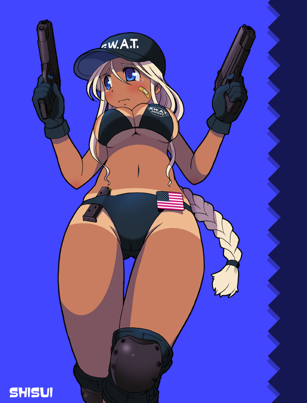 akimbo, america, american_flag, bandaid, bikini, blonde_hair, blue_eyes, blush