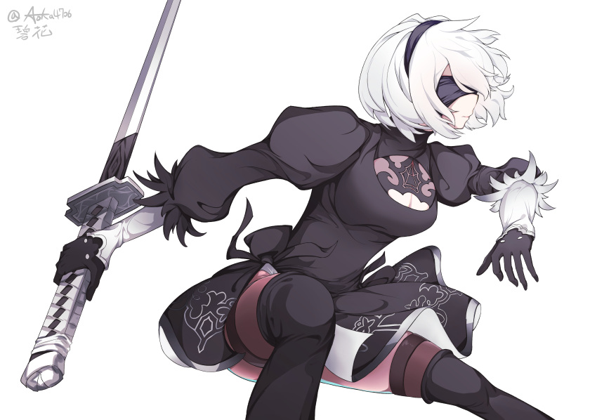 1girl, absurdres, akawoud, black_blindfold, black_dress, black_hairband, blindfold, blue_eyes, boots, cleavage_cutout, clothing_cutout, dress, feather-trimmed_sleeves, fighting_stance, hairband, high_heel_boots, high_heels, highres, holding, holding_sword, holding_weapon, juliet_sleeves, katana, long_sleeves, nier_(series), nier_automata, no_blindfold, pink_lips, puffy_sleeves, reverse_grip, signature, silver_hair, simple_background, solo, sword, thigh-highs, thigh_boots, thighhighs_under_boots, thighs, twitter_username, two-sided_fabric, two-sided_skirt, weapon, white_background, yorha_no._2_type_b