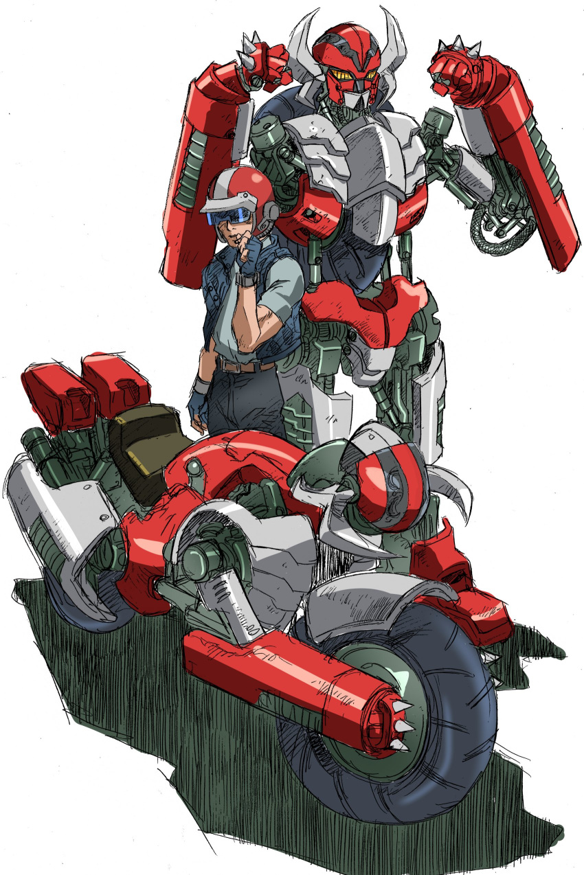 1boy, absurdres, blue_gloves, blue_vest, clenched_hands, daimon_yutaka, denjin_zaborger, denjin_zaborger_(mecha), fingerless_gloves, gloves, grey_shirt, ground_vehicle, headset, helmet, highres, horns, looking_down, mecha, motor_vehicle, motorcycle, platin_(alios), shirt, spikes, standing, tokusatsu, vest, visor