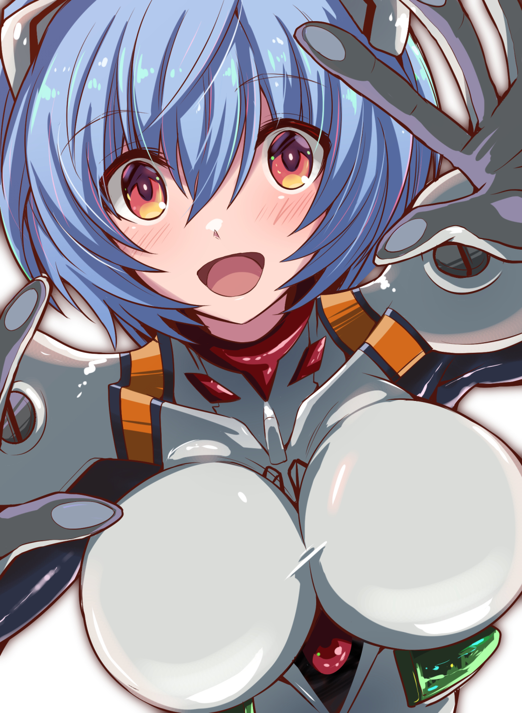 1girl, :d, against_glass, alternate_eye_color, ayanami_rei, blue_hair, blush, bodysuit, breaking_the_fourth_wall, breasts, eyebrows_visible_through_hair, fujitaka_nasu, hairpods, highres, interface_headset, large_breasts, neon_genesis_evangelion, open_mouth, orange_eyes, plugsuit, short_hair, smile, solo, upper_body, white_background, white_bodysuit