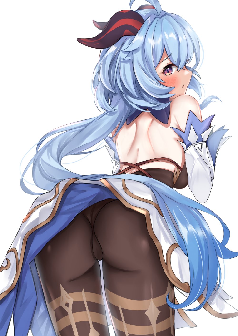 1girl, ahoge, ass, back, bare_shoulders, bent_over, blue_hair, breasts