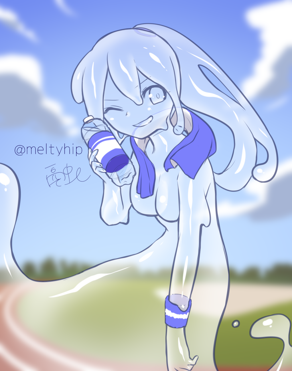 1girl, akira_(meltyhip), blue_sky, blurry, blurry_background, bottle, colored_sclera, colored_skin, day, depth_of_field, grey_eyes, grey_hair, grey_sclera, grey_skin, grin, hair_between_eyes, hand_up, highres, holding, holding_bottle, long_hair, looking_at_viewer, monster_girl, one_eye_closed, original, outdoors, ponytail, signature, sky, slime_girl, smile, solo, standing, tentacle_hair, towel, towel_around_neck, transparent_skin, twitter_username, water_bottle, wristband