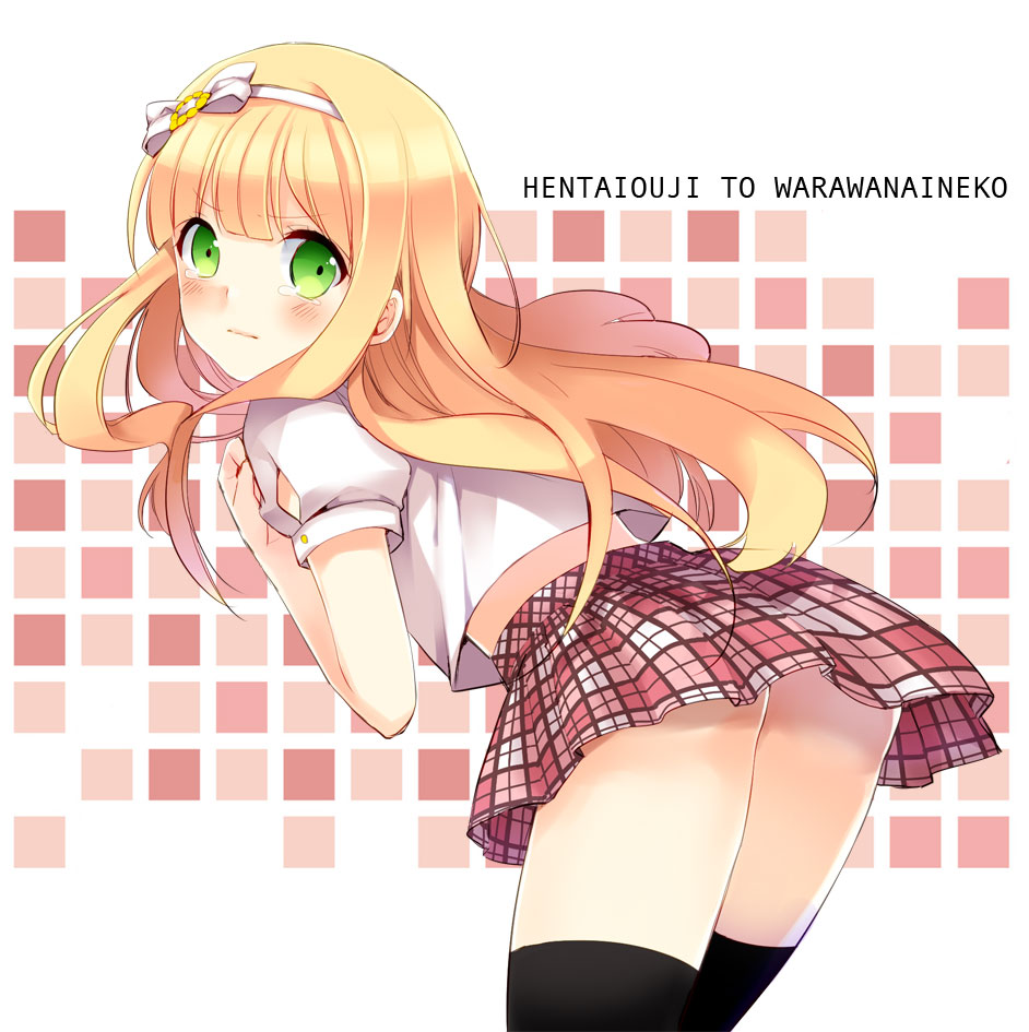 1girl, :|, ass, azuki_azusa, bangs, black_legwear, blonde_hair, blunt_bangs, blush, bow, clenched_hand, closed_mouth, commentary_request, copyright_name, crop_top, eyebrows_visible_through_hair, green_eyes, hairband, headband, hentai_ouji_to_warawanai_neko., leaning_forward, long_hair, looking_at_viewer, patterned_background, pink_skirt, pleated_skirt, shirt, short_sleeves, skirt, solo, tearing_up, thigh-highs, white_bow, white_hairband, white_shirt, yuru1031