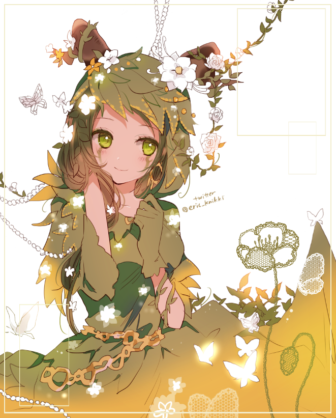 1girl, artist_name, brown_hair, bug, butterfly, collarbone, dress, earrings