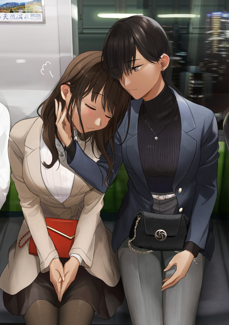 2girls, bag, bangs, beige_coat, belt, black_hair, black_skirt, blazer, blue_jacket, blush, brown_hair, closed_eyes, coat, drooling, earrings, eyebrows_visible_through_hair, from_above, grey_pants, hair_behind_ear, hair_over_one_eye, handbag, hands_together, icchiramen, jacket, jewelry, long_hair, looking_at_another, miniskirt, multiple_girls, necklace, night, night_sky, open_blazer, open_clothes, open_jacket, open_mouth, original, pants, pantyhose, ribbed_sweater, sitting, skirt, sky, sleeping, sweatdrop, sweater, train_interior, violet_eyes, white_belt, white_sweater, window, yuri