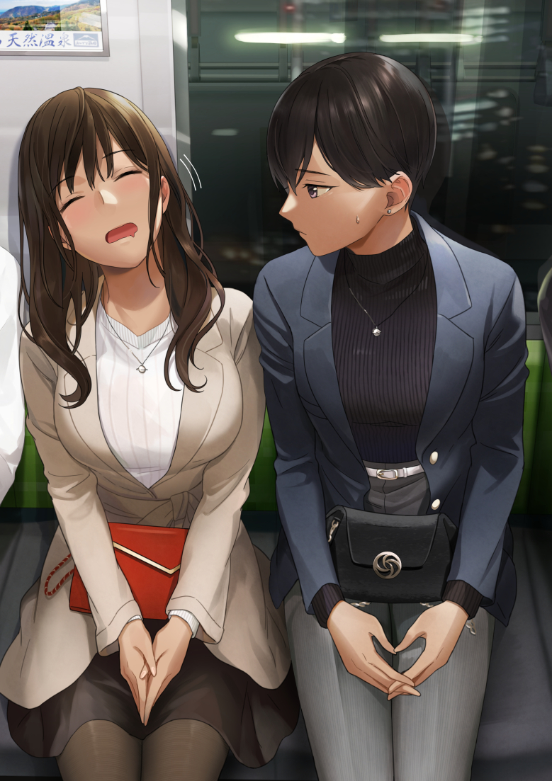 2girls, bag, bangs, beige_coat, belt, black_hair, black_skirt, blazer