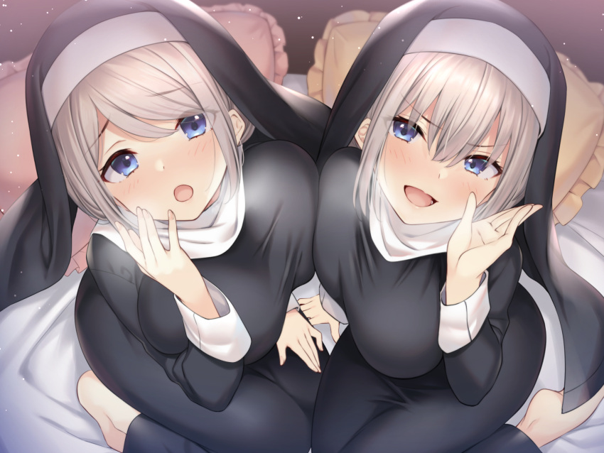 2girls, :o, asymmetrical_docking, bangs, barefoot, bed, bed_sheet, black_dress