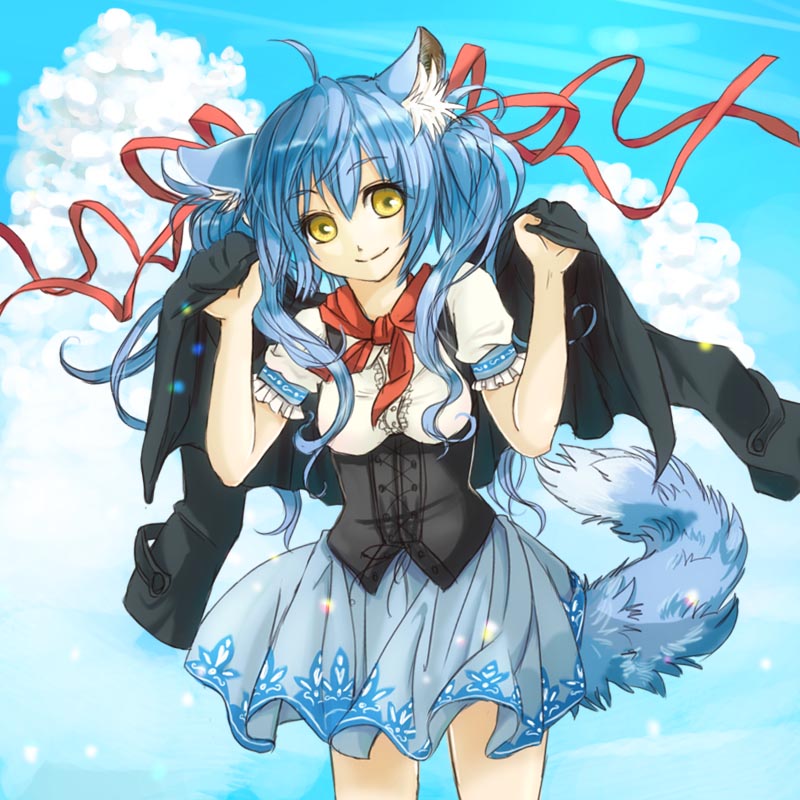 1girl, animal_ears, bandana, blue_hair, clouds, corset, cowboy_shot, hair_ribbon, holding, holding_clothes, holding_jacket, jacket, long_hair, nekoya_saki, oborozuki_uta, original, puffy_short_sleeves, puffy_sleeves, ribbon, short_sleeves, skirt, sky, smile, solo, tail, twintails, wolf_ears, wolf_tail, yellow_eyes