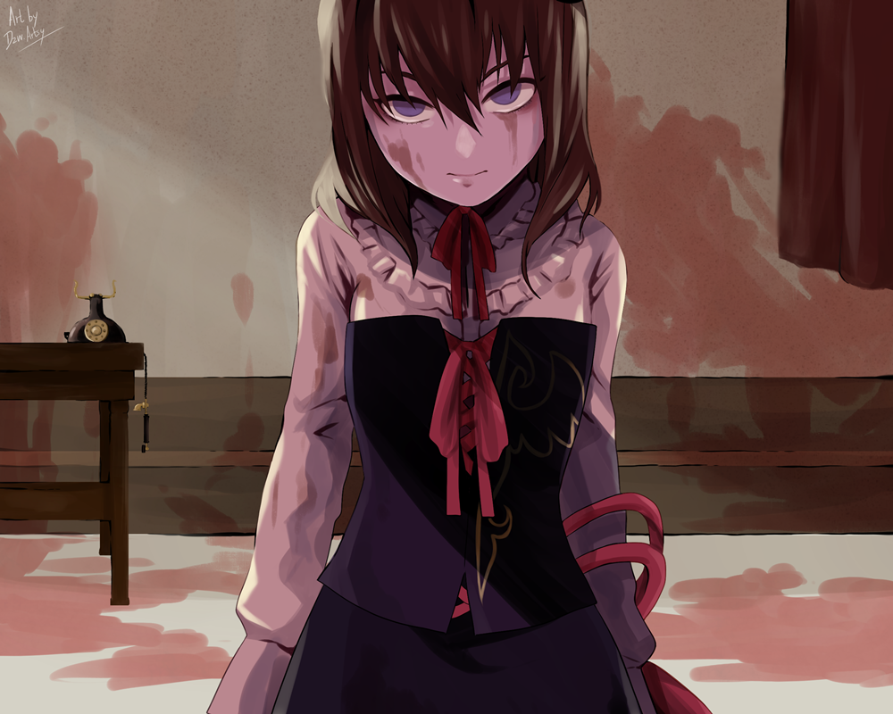 1girl, blood, blood_on_face, blood_on_wall, blood_splatter, bloody_clothes, brown_hair, closed_mouth