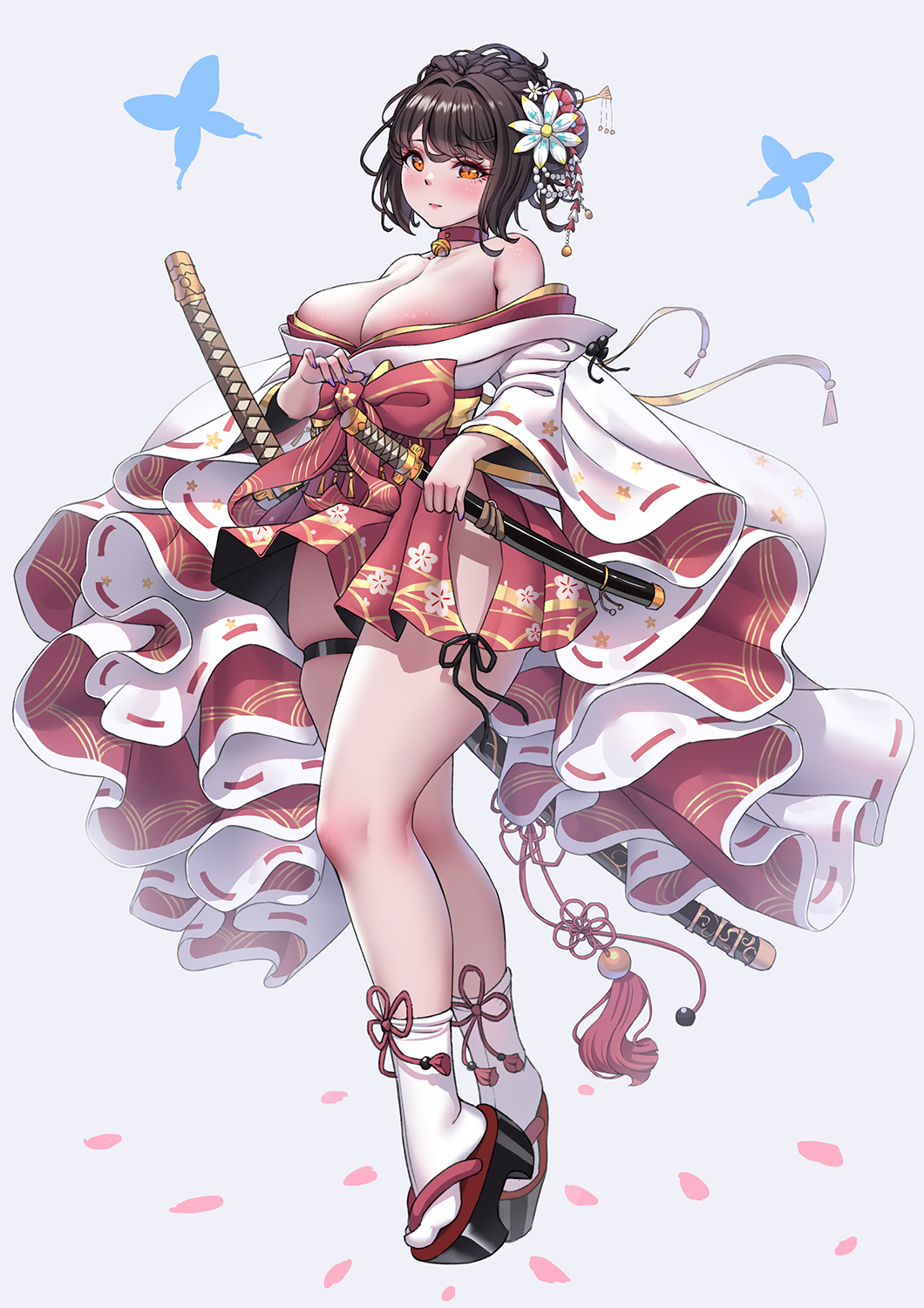 1girl, black_hair, breasts, flower, full_body, hair_flower, hair_ornament, hakama