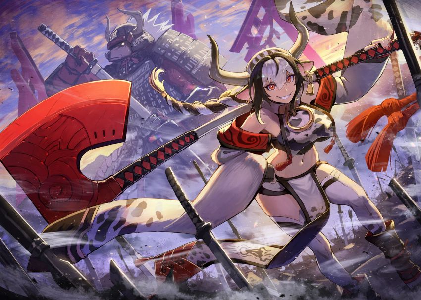 1boy, 1girl, animal_ears, animal_print, armor, arrow_(projectile), axe, bare_shoulders