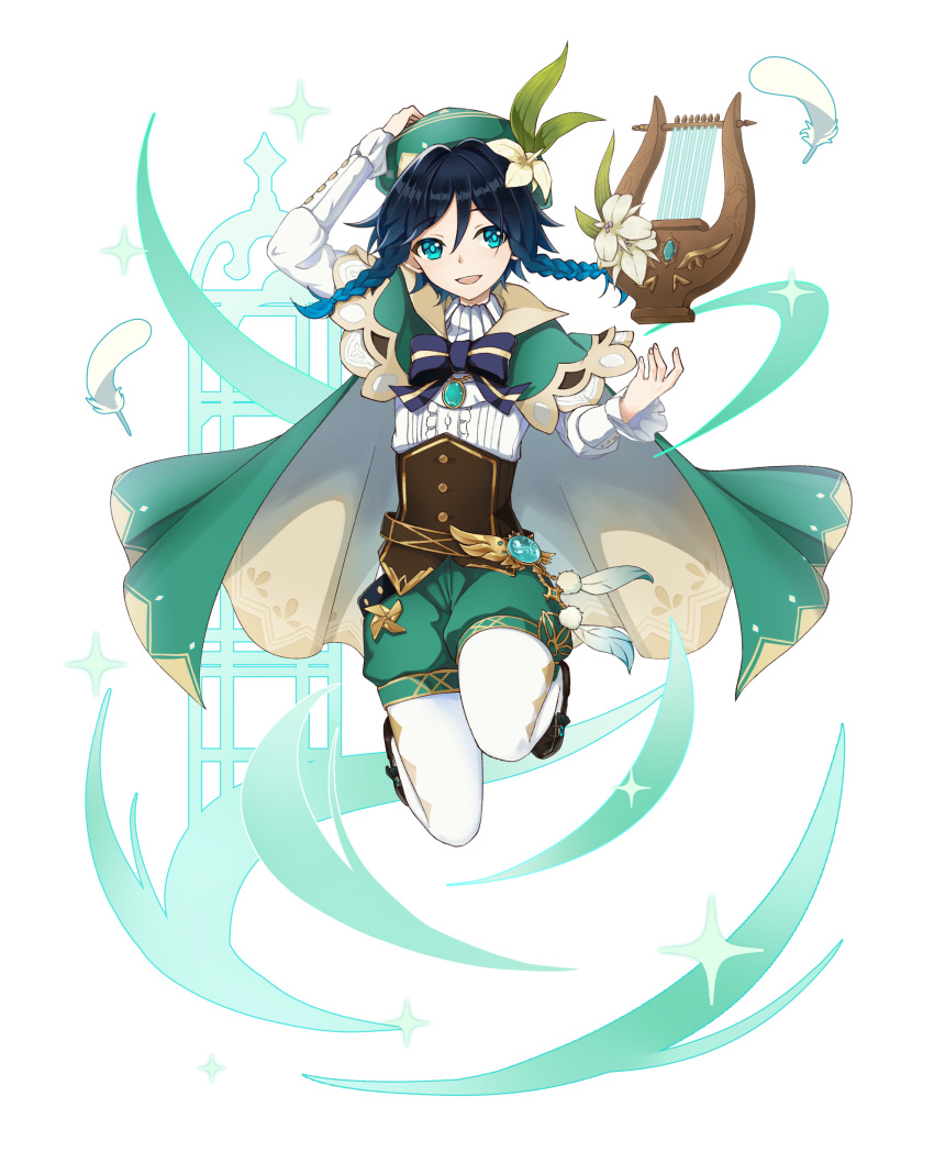 1boy, absurdres, black_hair, blue_hair, bow, braid, cape, feathers