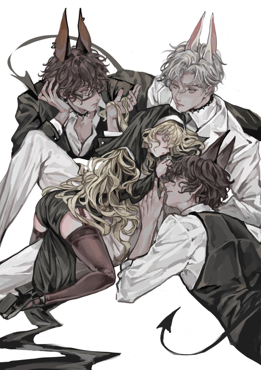 1girl, 3boys, animal_ears, bare_pecs, black-framed_eyewear, black_collar, black_footwear, blonde_hair