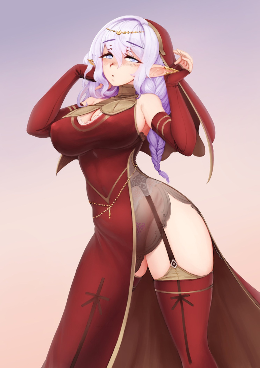 1girl, bangs, barbariank, bare_shoulders, blush, braid, breasts, cleavage_cutout