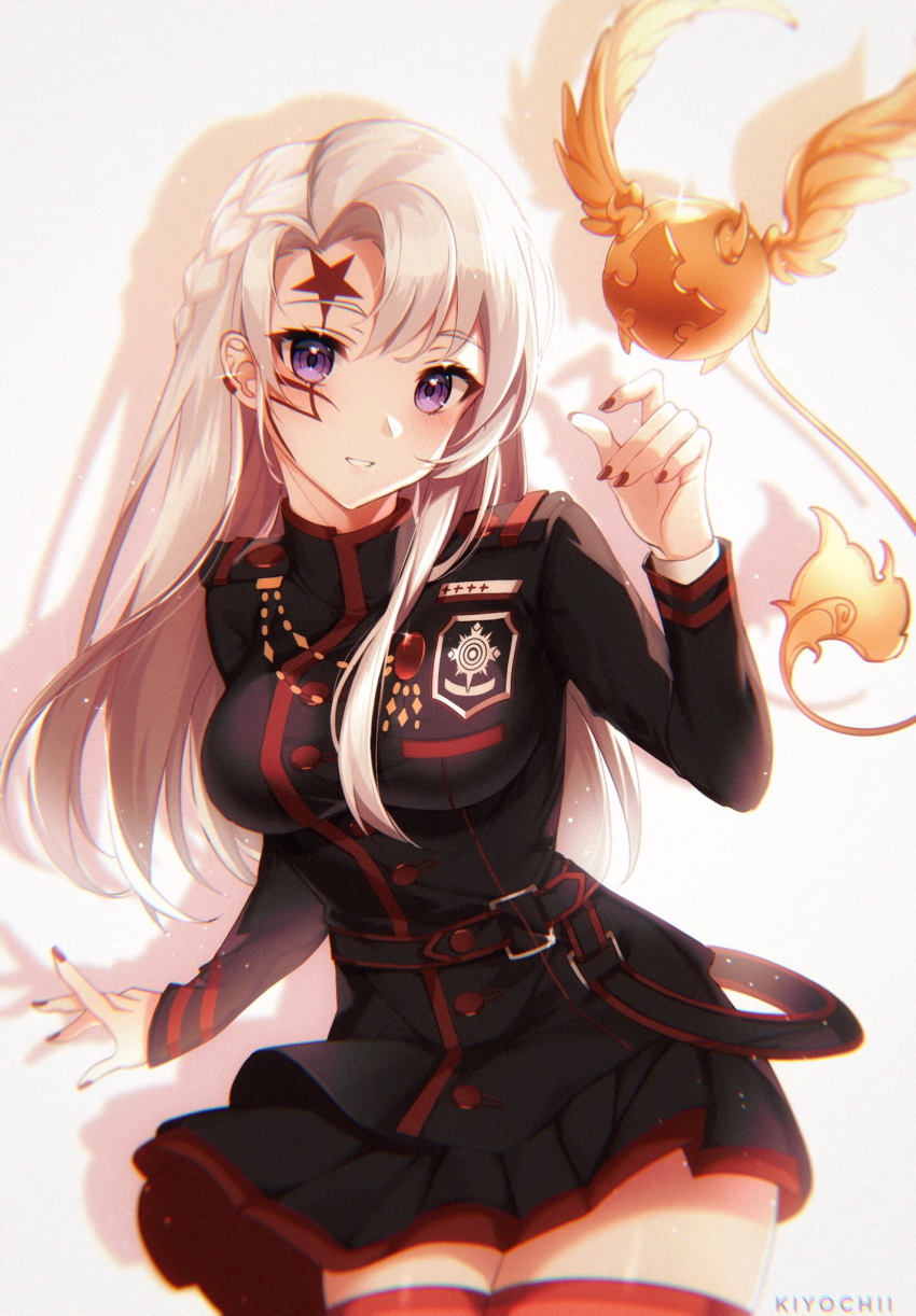1girl, allen_walker, black_nails, black_order_uniform, black_skirt, blush, breasts, chromatic_aberration