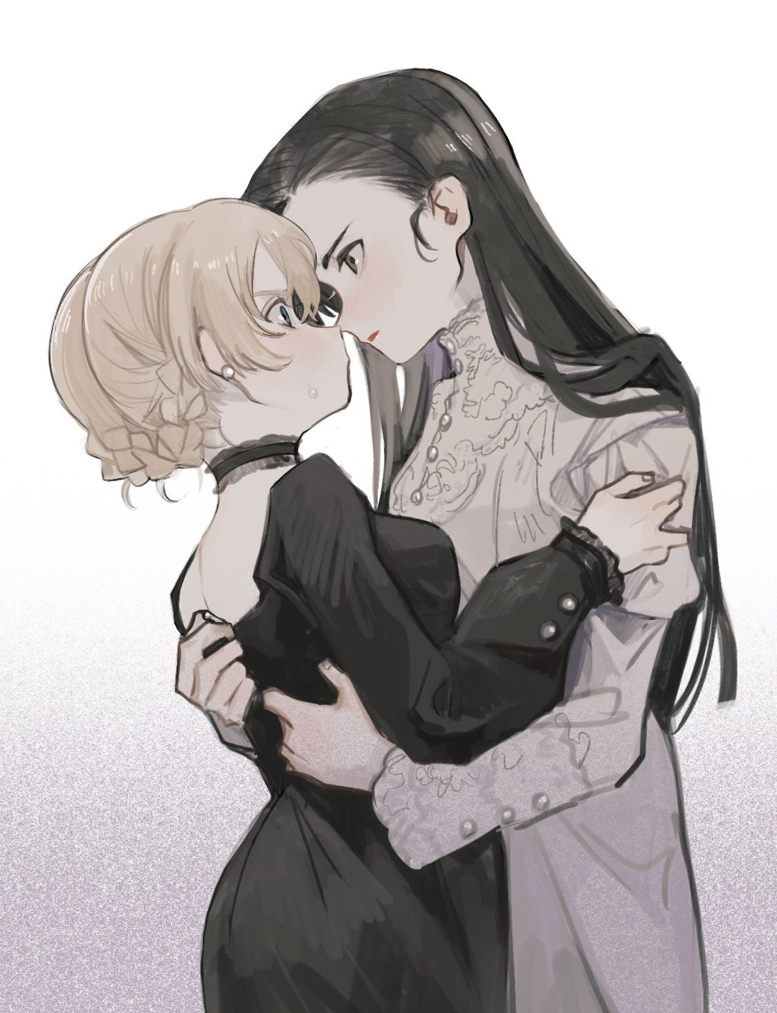 2girls, alternate_costume, black_dress, black_hair, blonde_hair, blush, braid, brown_eyes, choker, cowboy_shot, darjeeling_(girls_und_panzer), dress, earrings, eye_contact, forehead-to-forehead, french_braid, from_side, girls_und_panzer, highres, jewelry, juliet_sleeves, long_hair, long_sleeves, looking_at_another, multiple_girls, nishi_kinuyo, pearl_earrings, puffy_sleeves, short_hair, sweat, tama_launcher, white_dress, yuri