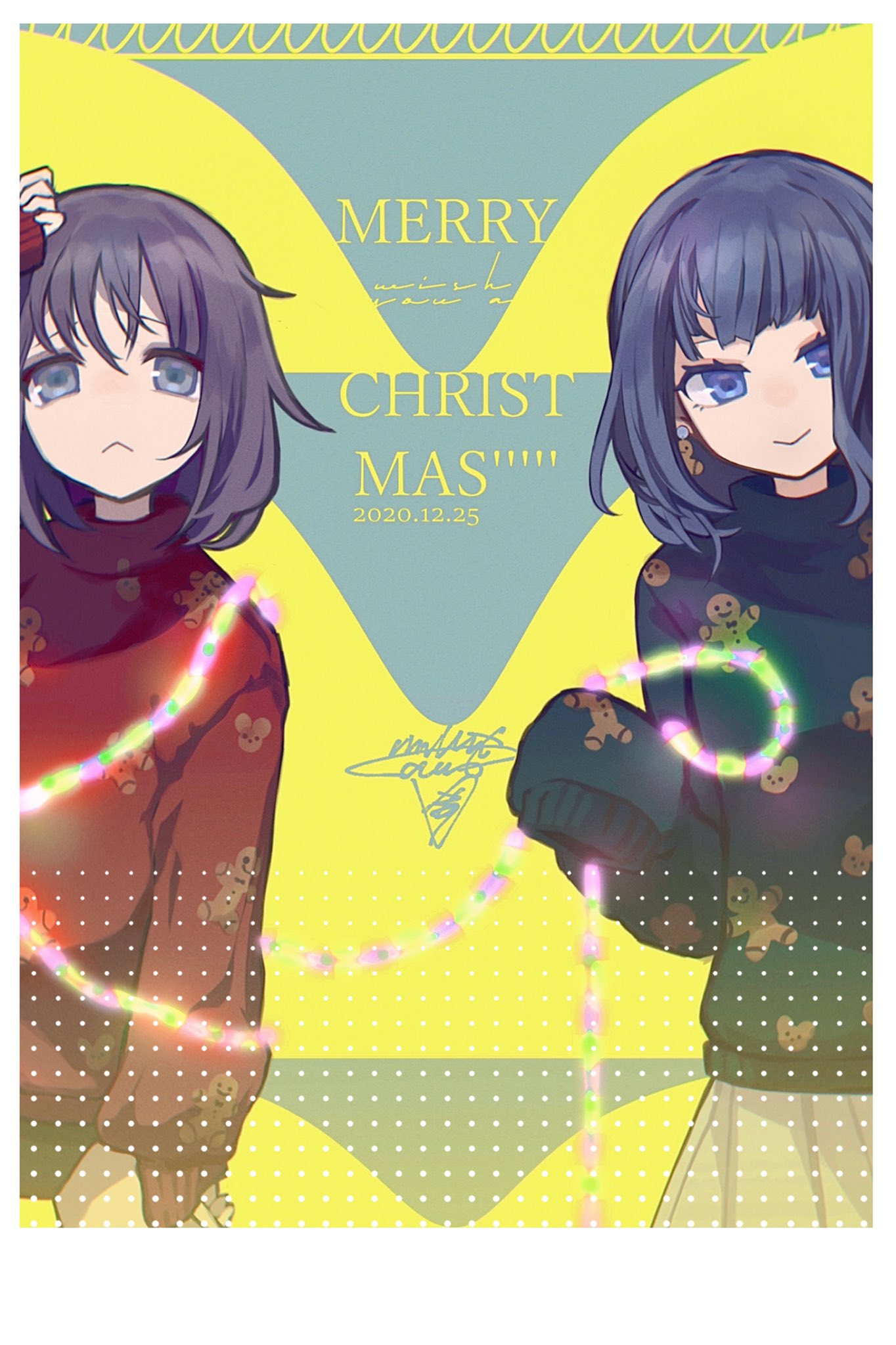 2girls, :>, :<, alternate_costume, alternate_hairstyle, bangs, blue_eyes, blue_hair