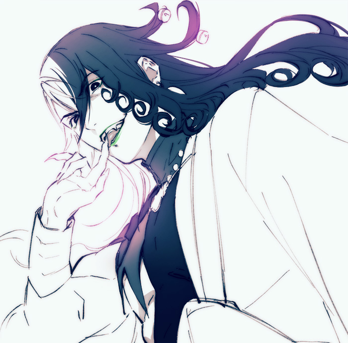 1boy, ashiya_douman_(fate), asymmetrical_clothes, asymmetrical_hair, backlighting, bell, biting, black_eyes