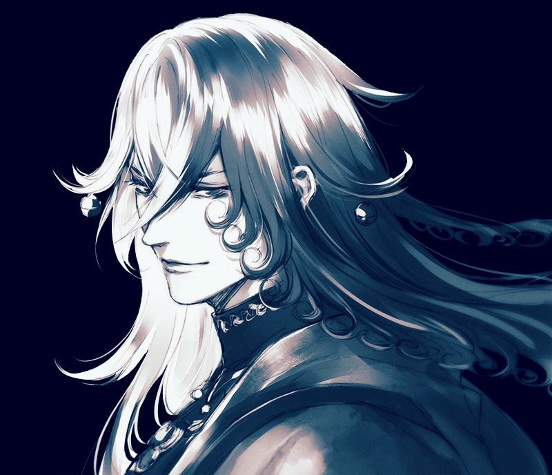 1boy, ashiya_douman_(fate), asymmetrical_hair, bell, black_eyes, black_hair, curly_hair, earrings