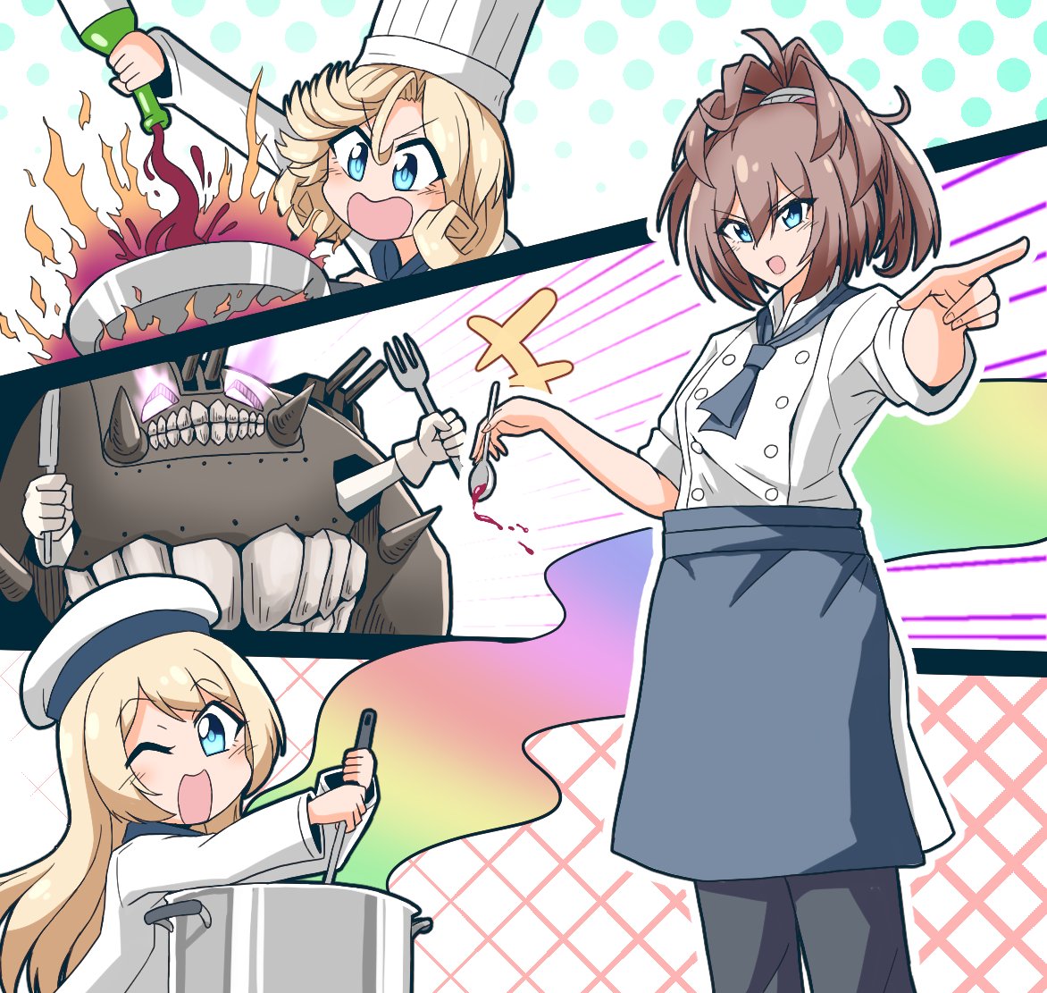 4girls, abyssal_ship, alternate_costume, anzio_princess, apron, bangs, black_pants, blonde_hair