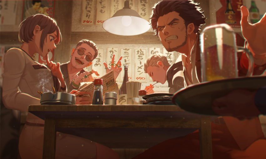 1girl, 3boys, alcohol, beard, beer, character_request, closed_eyes, eating
