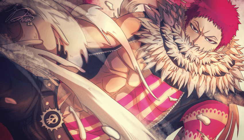 1boy, abs, bare_arms, bare_pecs, belt, charlotte_katakuri, covered_mouth, highres, male_focus, muscular, npes_1017, one_piece, open_clothes, open_vest, pectorals, purple_hair, scar, scarf, scarf_over_mouth, sleeveless, solo, tattoo, vest, violet_eyes