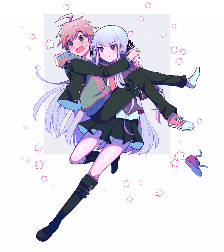 1girl, 310v3, ahoge, arm_around_shoulder, bangs, black_gloves, black_jacket, black_ribbon
