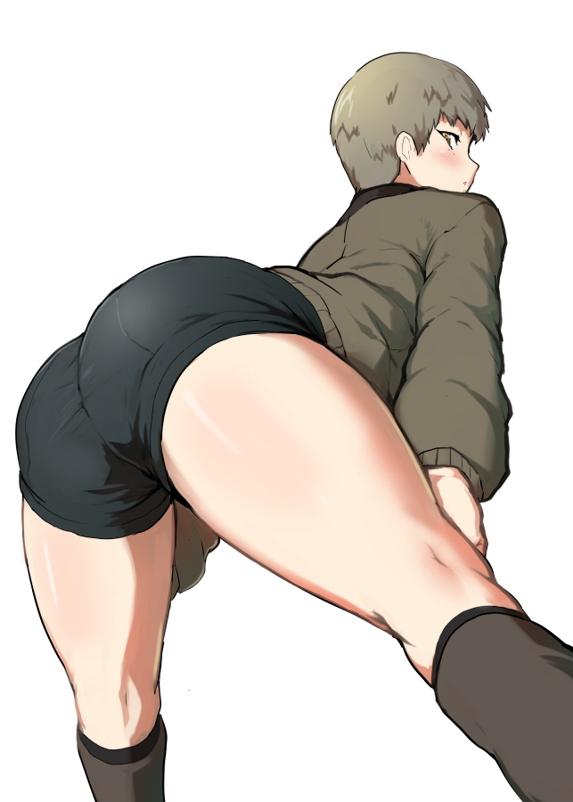 1girl, ass, bangs, bent_over, black_footwear, black_shorts, blush, boots