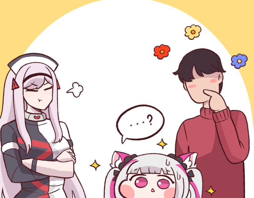 ..., ...?, 1boy, 2girls, :<, :t, ?, animal_ears