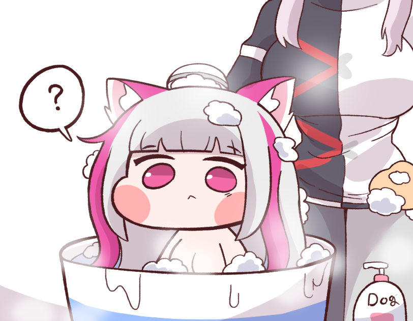 2girls, :<, ?, animal_ear_fluff, animal_ears, bangs, bath, bathing
