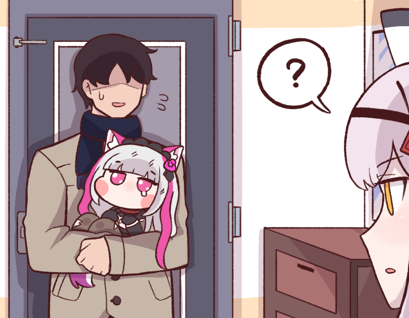 1boy, 2girls, ?, animal_ears, black_lilith, bulga, carrying, chibi