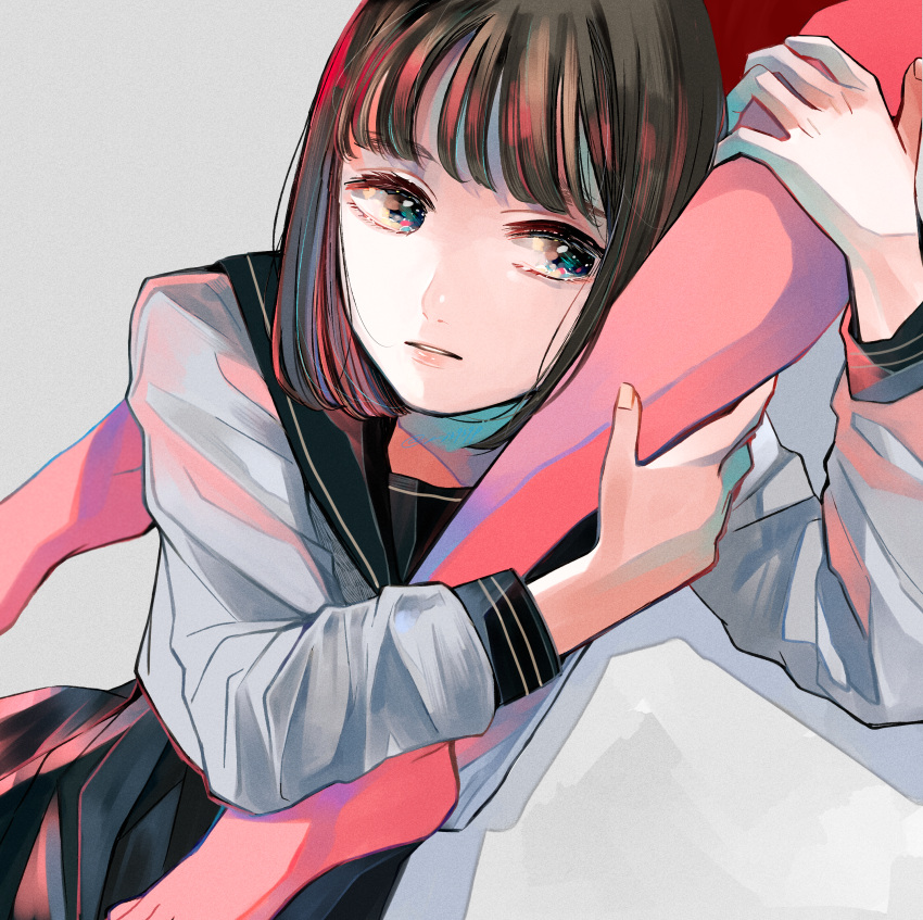 1girl, absurdres, black_sailor_collar, black_skirt, brown_hair, grey_background, grey_shirt, highres