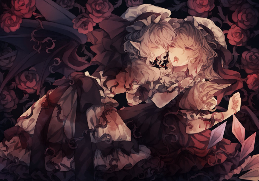 2girls, bat_wings, blonde_hair, blood_trail, crystal, dress, eyebrows_behind_hair, feet_out_of_frame