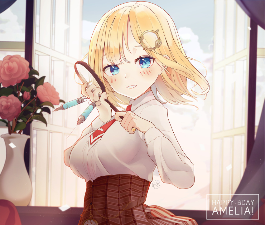 1girl, :d, aftergardens, bangs, blonde_hair, blue_eyes, blue_sky, blush