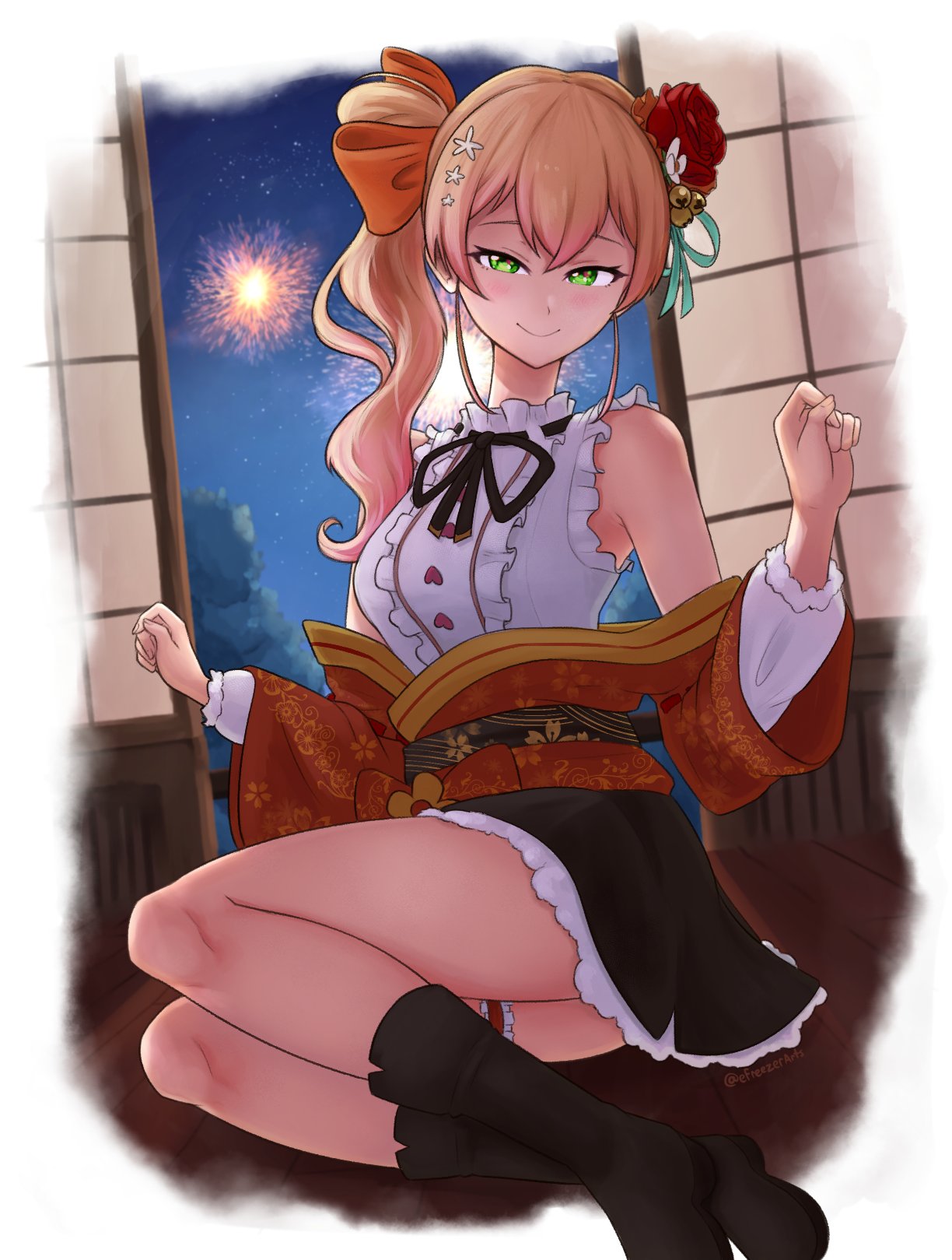 1girl, alternate_costume, architecture, black_ribbon, blonde_hair, bow, breasts, east_asian_architecture