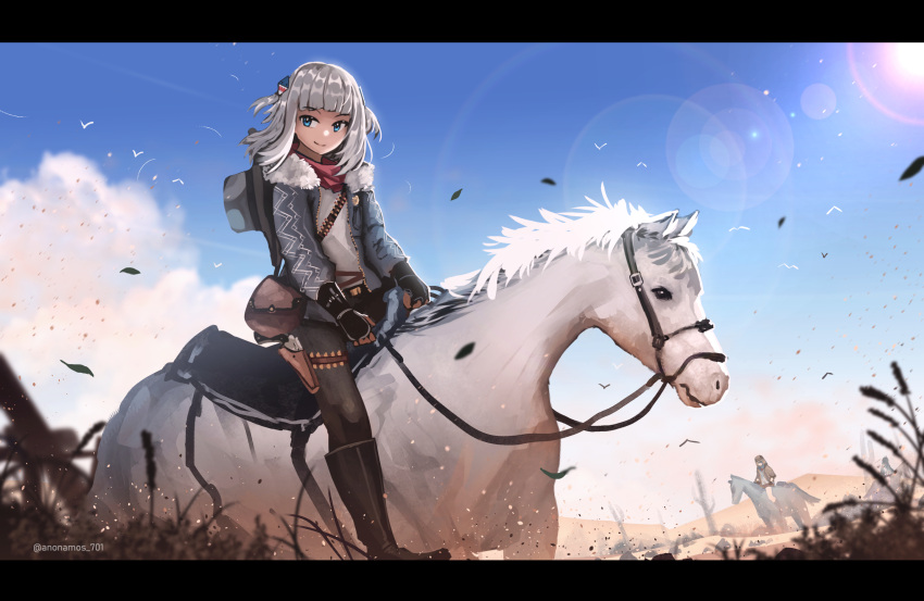 3girls, adapted_costume, anonamos, bandana, bandolier, belt, belt_pouch, black_gloves