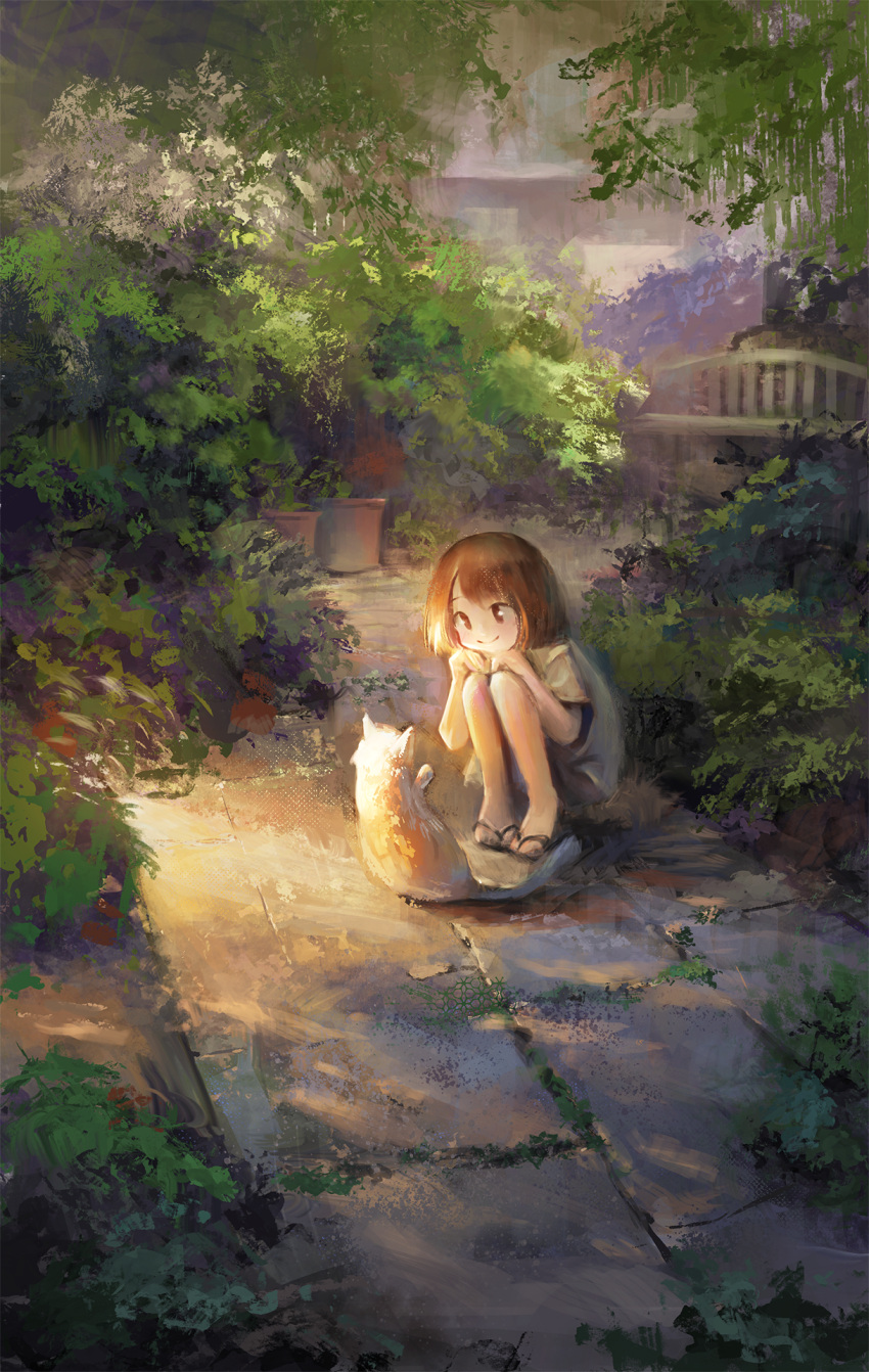 1girl, abstract_background, bob_cut, bridge, brown_eyes, brown_hair, cat, commentary